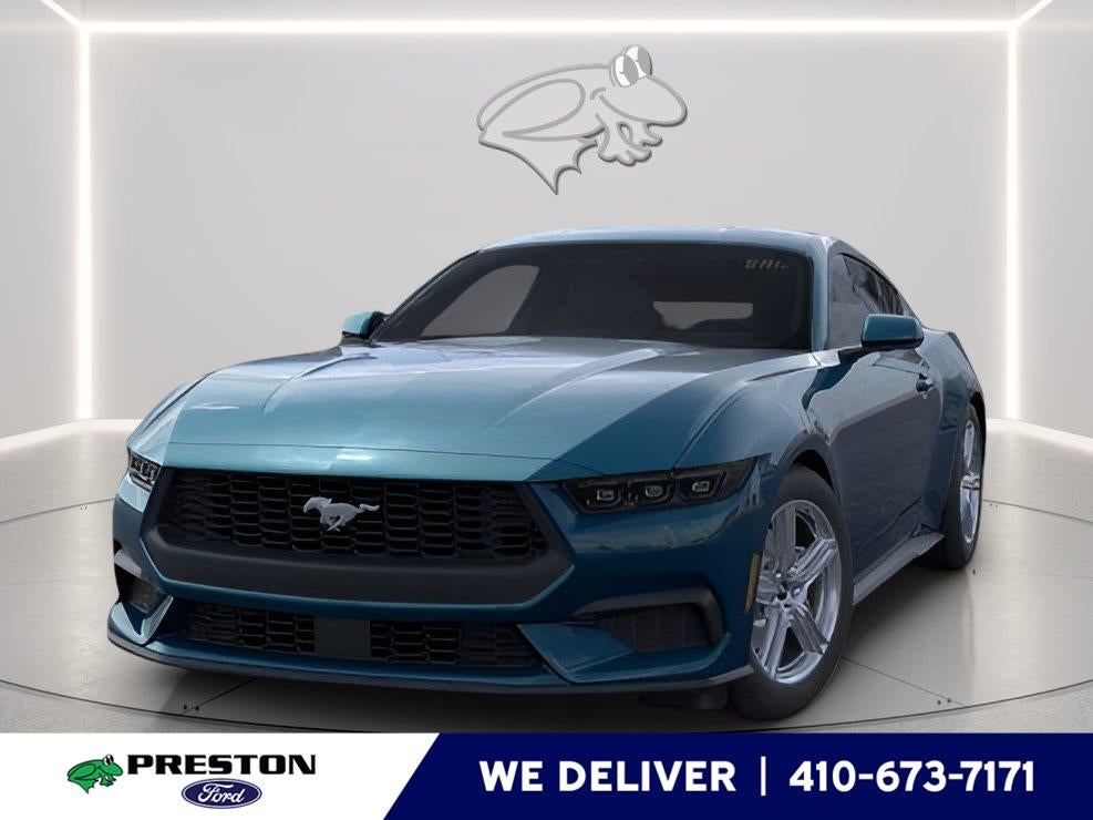 2026 Ford Mustang EcoBoost in Adriatic Blue — front three-quarter view