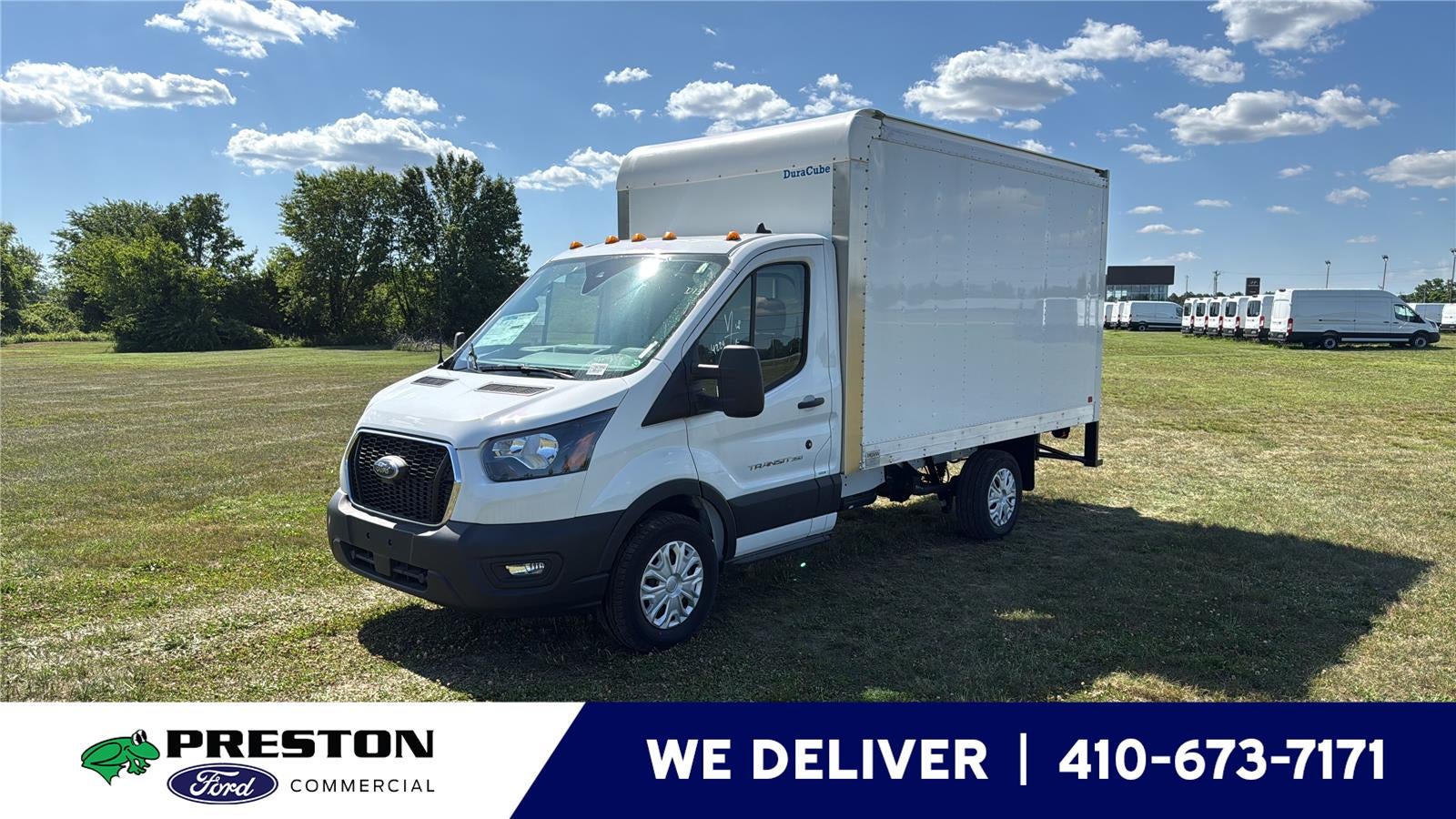 2025 Ford Transit Cutaway 12'DEJANA DURACUBE ALUMINUM VAN BODY, ROLL UP DOOR in Oxford White — front three-quarter view