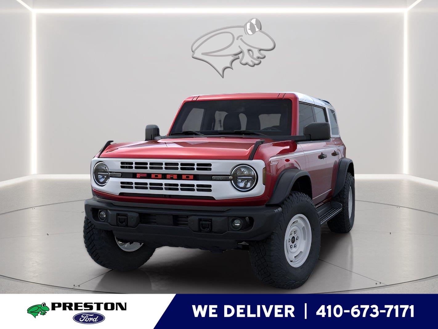 2026 Ford Bronco Heritage Edition in Ruby Red Metallic Tinted Clearcoat — front three-quarter view