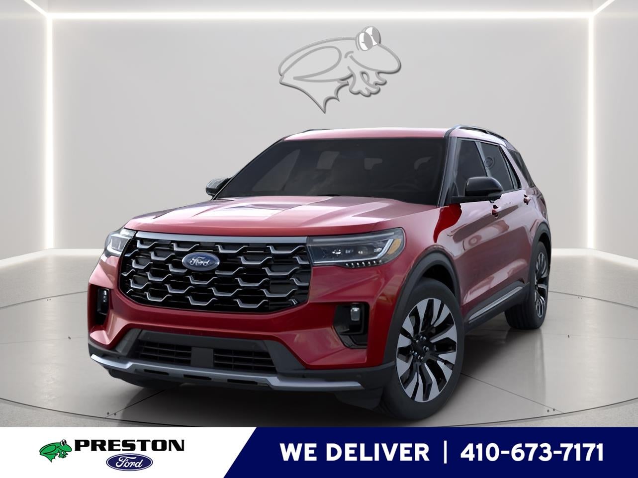2026 Ford Explorer Platinum in Rapid Red Metallic Tinted Clearcoat — front three-quarter view