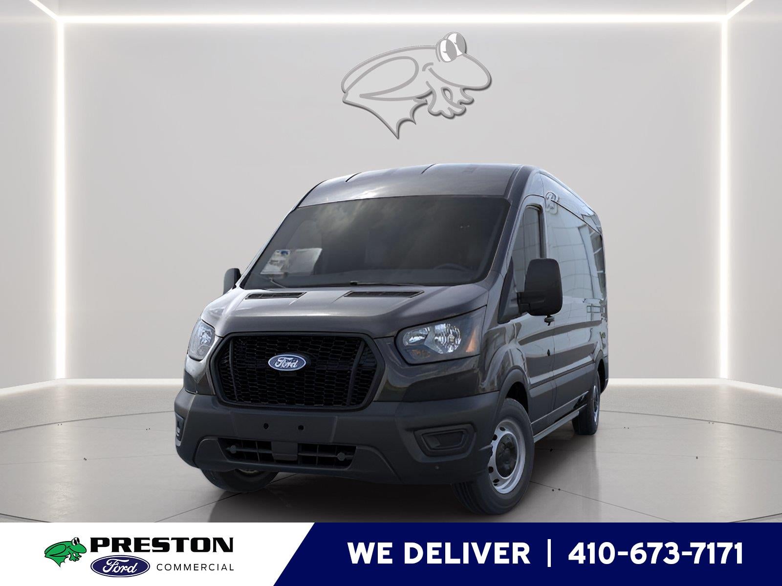 2026 Ford Transit Cargo Van T-250 148" Med Rf 9150 GVWR RWD in Um Agate Black Metallic — front three-quarter view